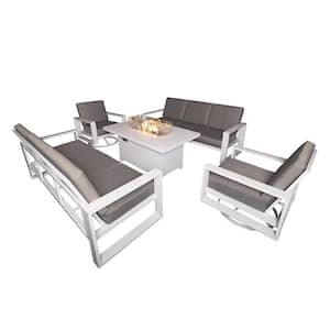 Aluminum Patio Conversation Set with Gray Cushion, White 55.12 in. Fire Pit Table Sofa Set - 2 Swivel+2x3Seater