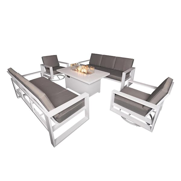 PATIOPTION Aluminum Patio Conversation Set with Gray Cushion, White 55.12 in. Fire Pit Table Sofa Set - 2 Swivel+2x3Seater