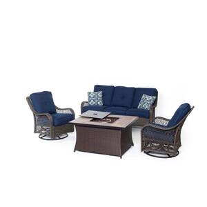 Orleans 4-Piece All-Weather Wicker Patio Fire Pit Seating Set with Navy Blue Cushions