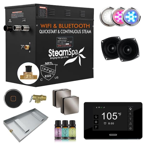 Black Series 12KW Steam Bath Generator with Advanced Touch Screen, BLUETOOTH WIFI, and Auto Drain in Brushed Nickel