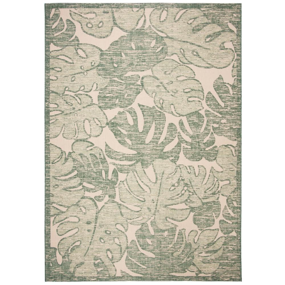 Beige and Green Leaf Pattern Indoor/Outdoor Area Rug