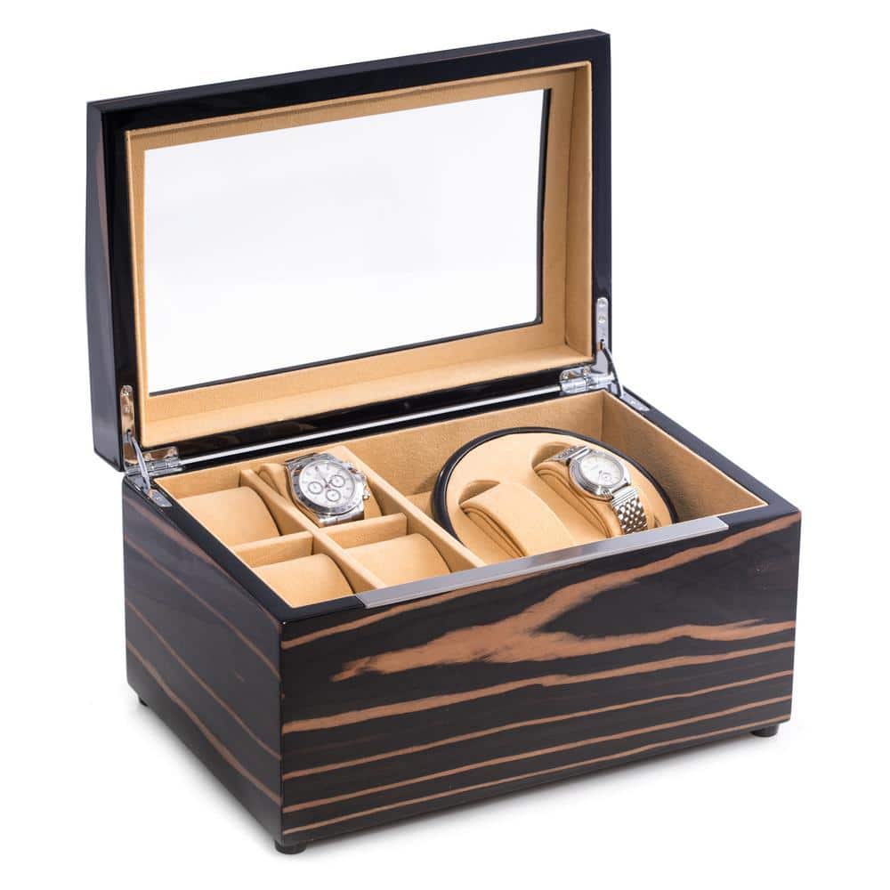 Lacquered "Ebony" Burl Wood 2-Watch Winder with Storage for 4-Watches