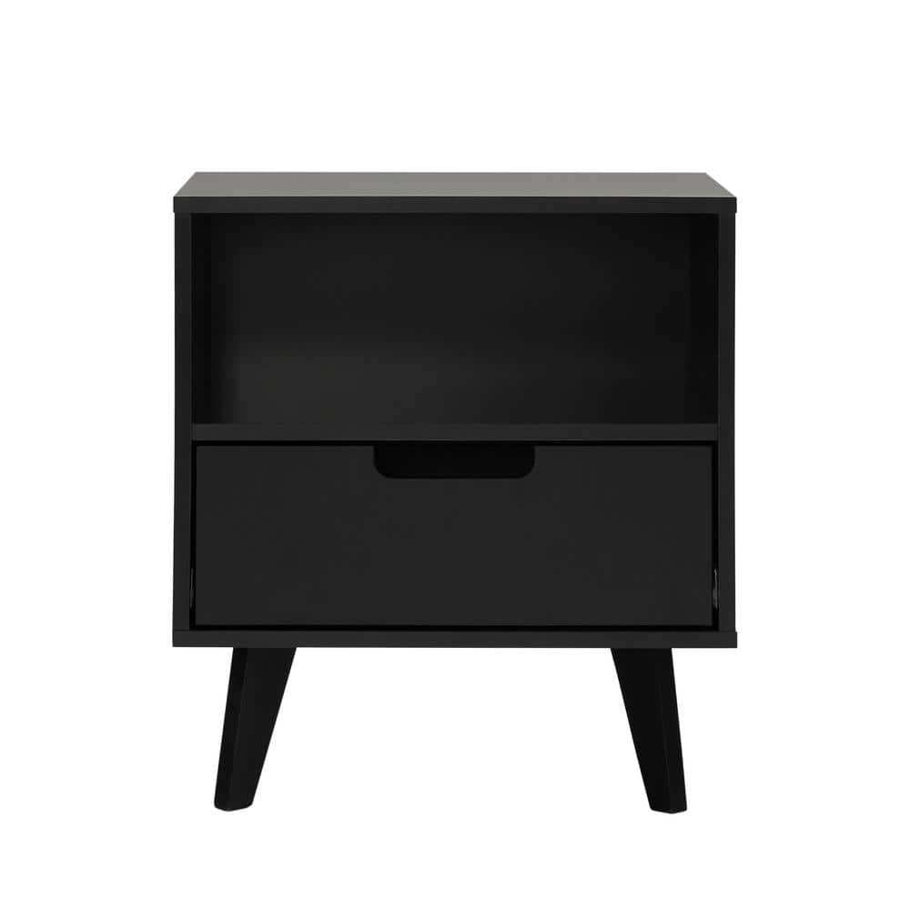Black MDF 1-Drawer Nightstand with Open Cubby