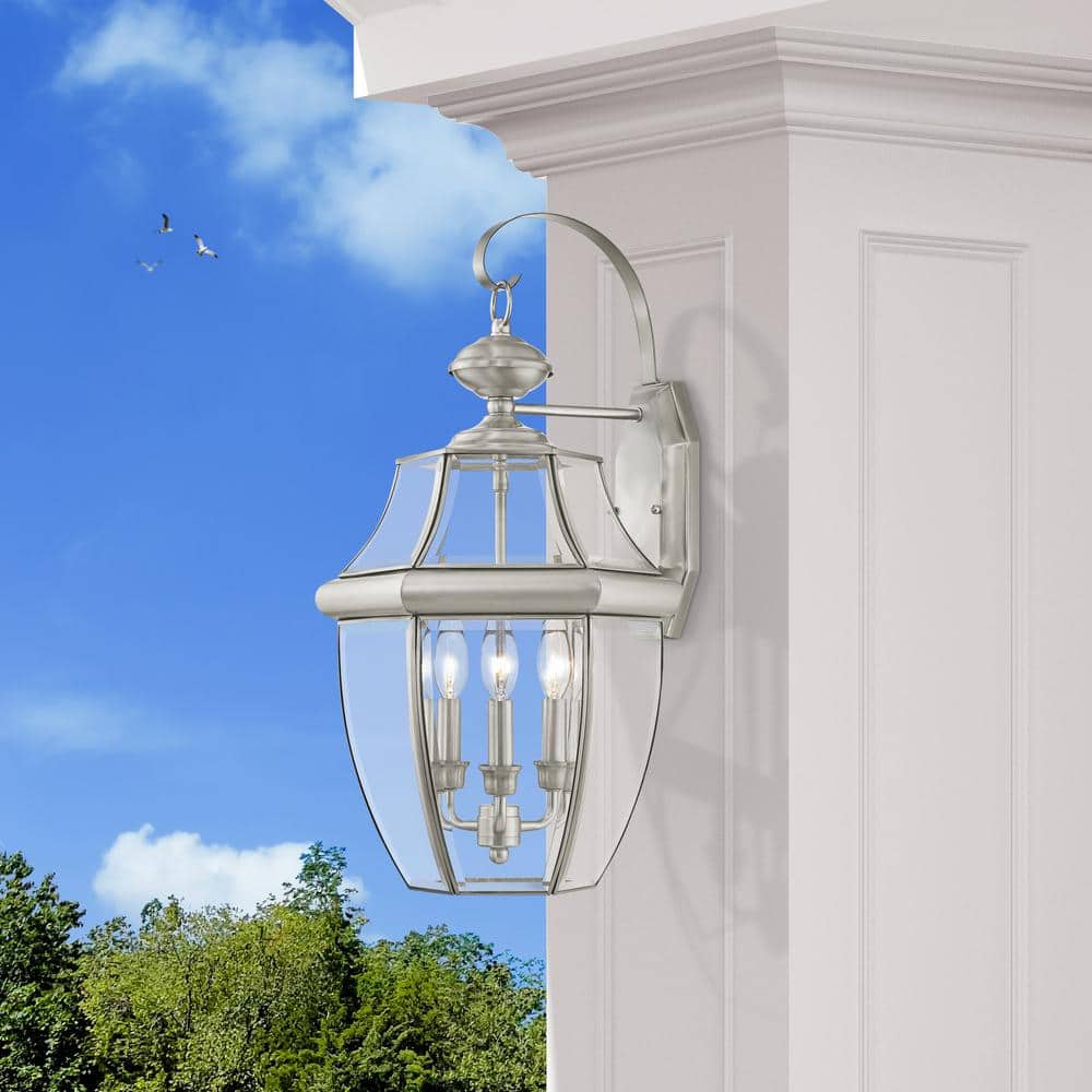Elegant Brushed Nickel 3-Light Outdoor Wall Lantern with Clear Beveled Glass