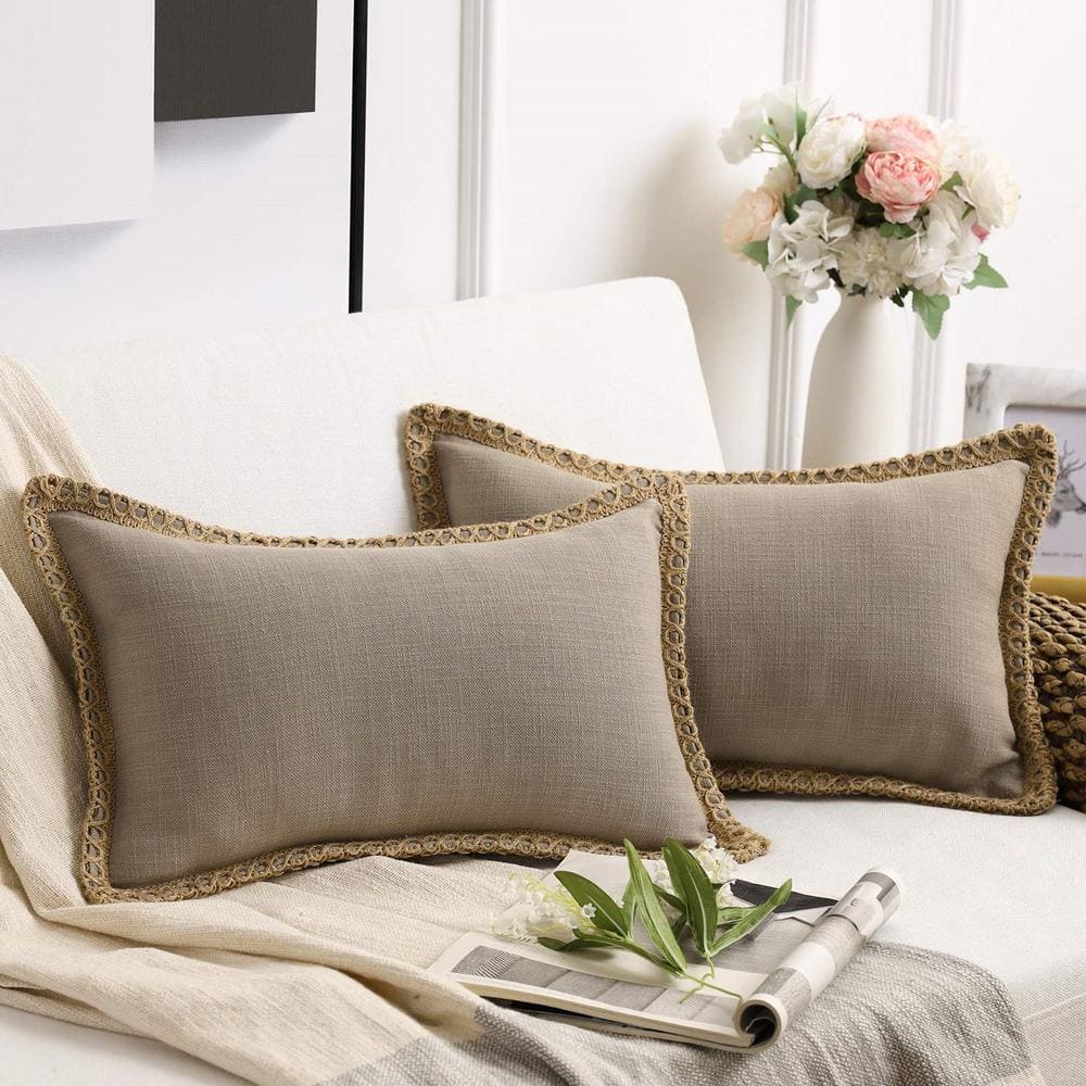 Pack of 2 Decorative Throw Pillow Covers, Burlap Linen Trimmed, Beige