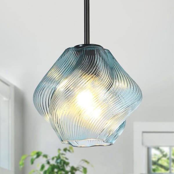 Rayhome 9.05 in. 1-Light Modern Black Industrial Pendant Light with Blue Spiral Glass Shade for KitchenIsland Bedroom