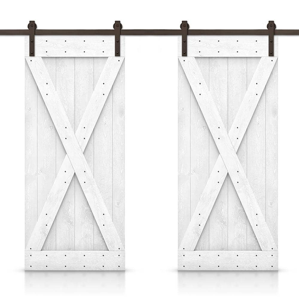 CALHOME X Series 84 in. x 84 in. Pre-Assembled White Stained Wood Interior Double Sliding Barn Door with Hardware Kit