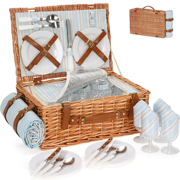 Wicker Picnic Basket Set for 4 with Large Insulated Cooler Compartment, Waterproof Blanket and Cutlery Service Kit