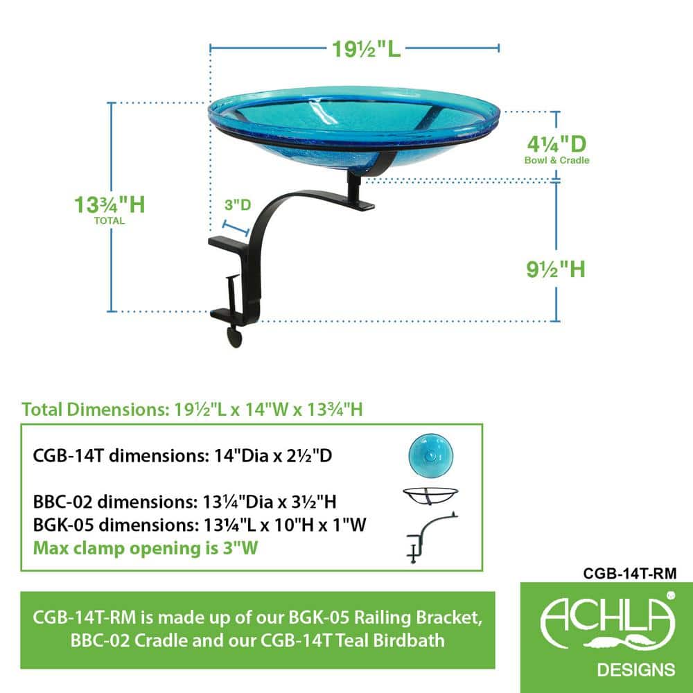 Teal Crackle Glass Birdbath Bowl with Rail Mount Bracket