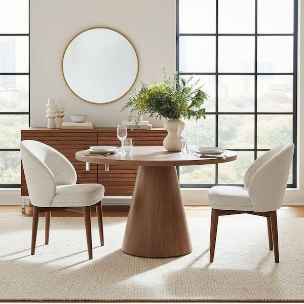 Beige Upholstered Barrel Dining Chair With Solid Wood Legs (Set of 2)
