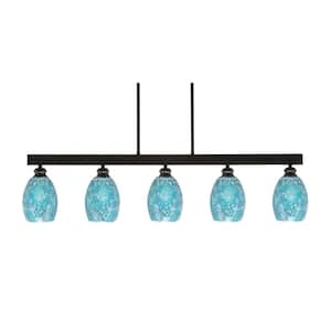 Albany 60-Watt 5-Light Espresso Linear Pendant Light with Turquoise Fusion Glass Shades and No Bulbs Included