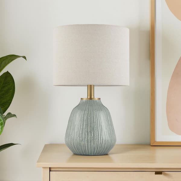 18 in. Modern Dark Green Ceramic Table Lamp with Beige Linen Shade for Living Room and Bedside
