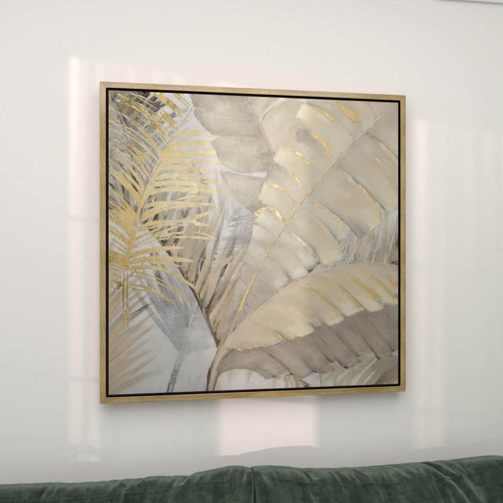 Gold and Gray Palm Leaf Framed Canvas Wall Art, 40" x 40"