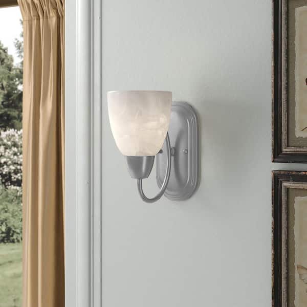 Designers Fountain Torino 5 in. 1-Light Brushed Nickel Transitional Wall Sconce with Alabaster Glass Shade