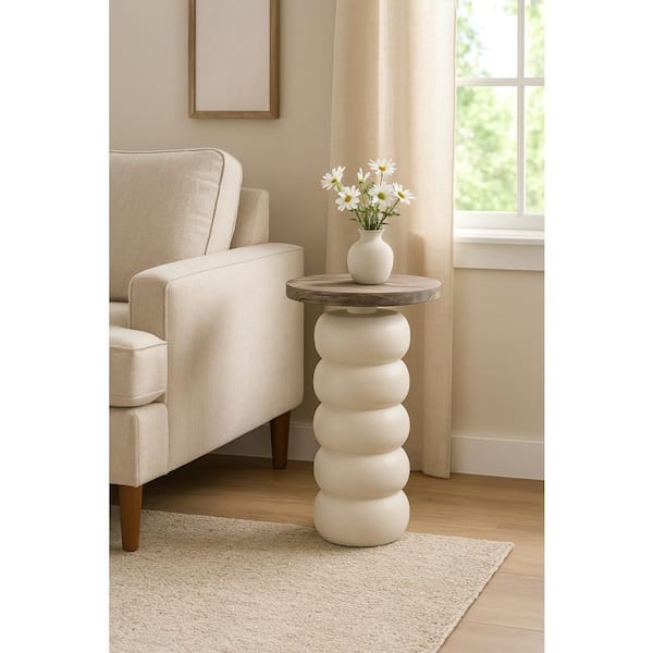 White 10 in. Round Petrified Wood Top Stacked Ring Accent Table