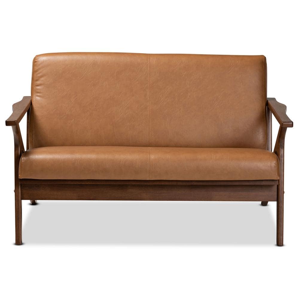 Mid-Century Modern Tan Faux Leather and Walnut Wood Loveseat