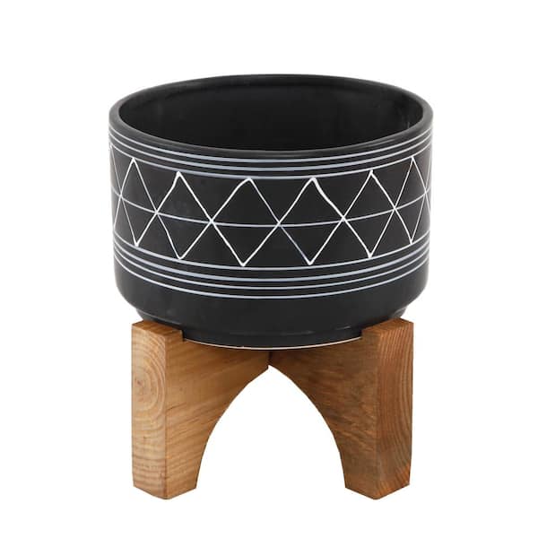 Flora Bunda Mid-Century 7 in. Black/White Line Ceramic Geometric Pot with Wood Stand Planter