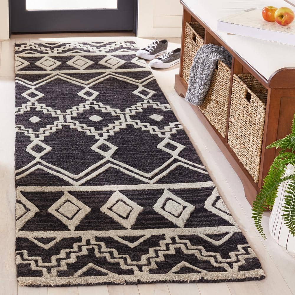 Handmade Tufted Abstract Black Wool Runner Rug 27in x 7in