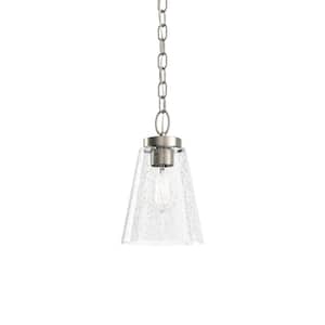 Roycroft 7 in. 1-Light Brushed Nickel Farmhouse Shaded Kitchen Pendant Hanging Light with Clear Seeded Glass