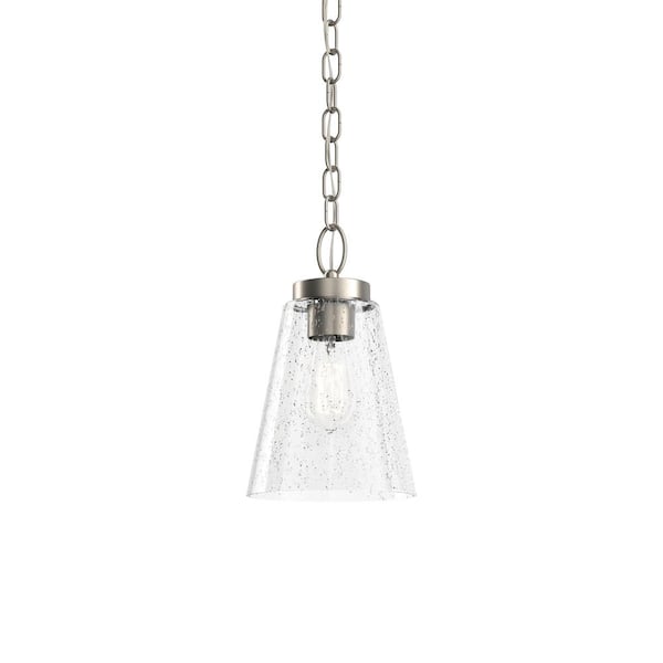 KICHLER Roycroft 7 in. 1-Light Brushed Nickel Farmhouse Shaded Kitchen Pendant Hanging Light with Clear Seeded Glass
