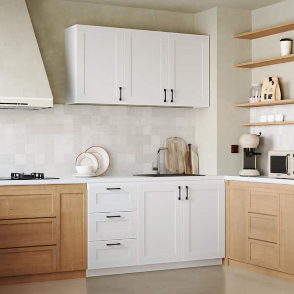 White Wood Buffet Set with Wall-Mounted Upper Cabinet, 3-Drawer Base Cabinet & Multi-Storage Compartments