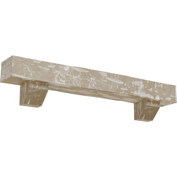 Ekena Millwork 4 in. x 6 in. x 6 ft. Pecky Cypress Faux Wood Fireplace Mantel Kit, Ashford Corbels, Whitewashed