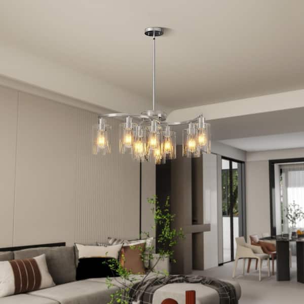 9-Light Chrome Chandelier Light Fixture with Clear Glass Shades, Adjustable Height Hanging Light