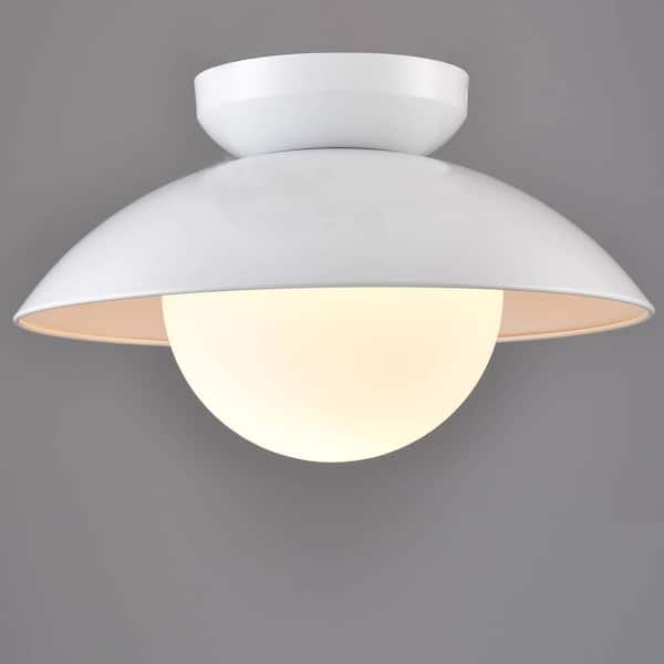 CLAXY 11 in. 1-Light White Modern Semi-Flush Mount with Frosted Glass Shade and No Bulbs Included