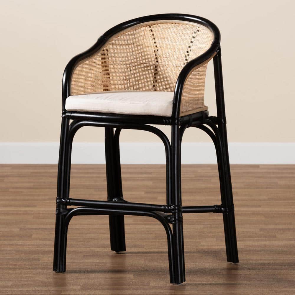 Miranda Black and Natural Rattan Counter Stool with Cushion