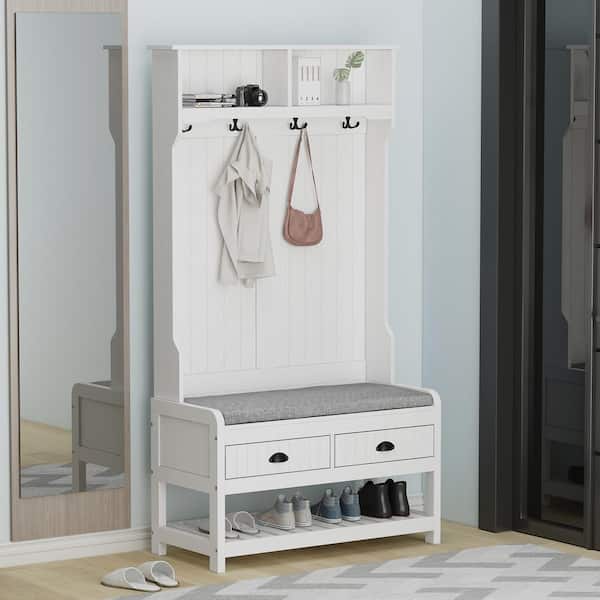 FUFU&GAGA 68.5 in. - and Rack Bench 2-Drawers, Storage KF020217-01-KPL Depot with Wood Coat White 3-in-1 4-Metal The Hooks Home