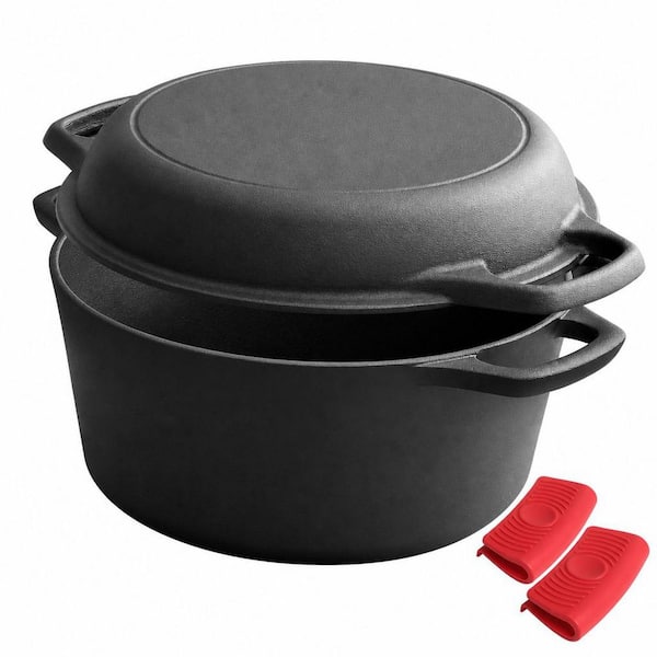 5 qt. 2-in-1 Black Pre-Seasoned Cast Iron Dutch Oven Pot with Skillet Lid and Dual Handles, Many of Cooking Styles