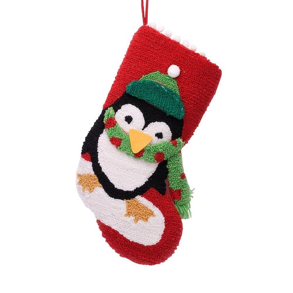 Glitzhome 19 in. Polyester/Acrylic Hooked Christmas Stocking with 3D Penguin
