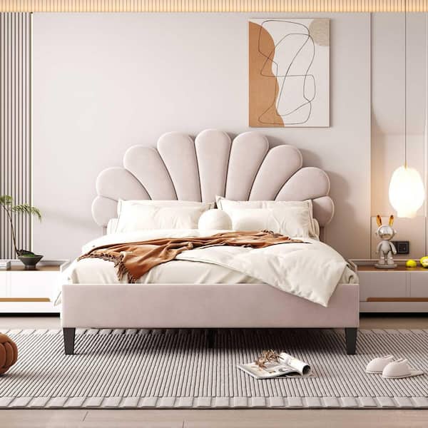 Beige Wood Frame Full Upholstered Platform Bed with Flower Pattern Velvet Headboard