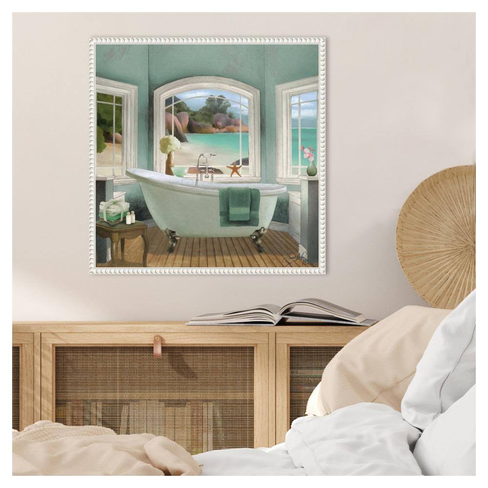 Serene Coastal Bath Scene Canvas Art with White Frame