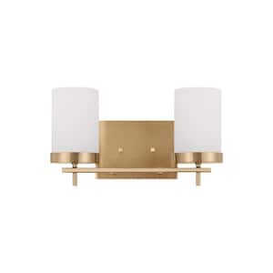 Zire 14 in. 2-Light Satin Brass Dimmable Bath Vanity Light with Etched White Glass Shades