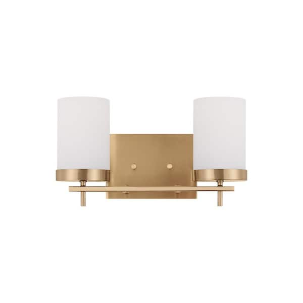 Generation Lighting Zire 14 in. 2-Light Satin Brass Dimmable LED Bath Vanity Light with Etched White Glass Shades