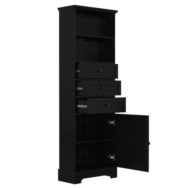 22 in. W x 10.03 in. D x 67.3 in. H Black MDF Freestanding Linen Cabinet with 3 Drawers and Adjustable Shelves