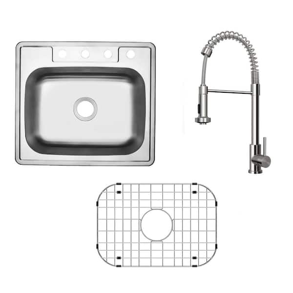 25 in. Drop-In Single Bowl 20-Gauge Stainless Steel Kitchen Sink Combo with Pull Down Sprayer Industrial Style Faucet
