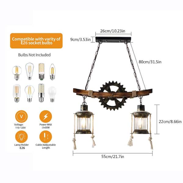 OUKANING 2-Light Brown Retro Industrial Gear Shape Farmhouse