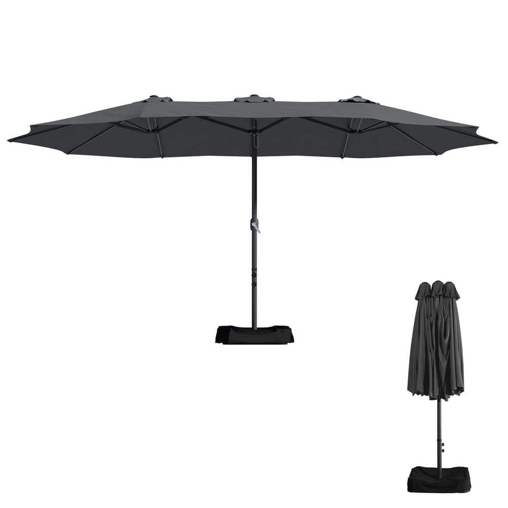 15 Ft Dark Gray Steel Market Patio Umbrella with Base