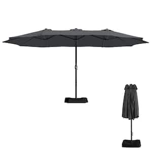 15 ft. Steel Market Outdoor Crank Umbrella in Dark Gray with Stand
