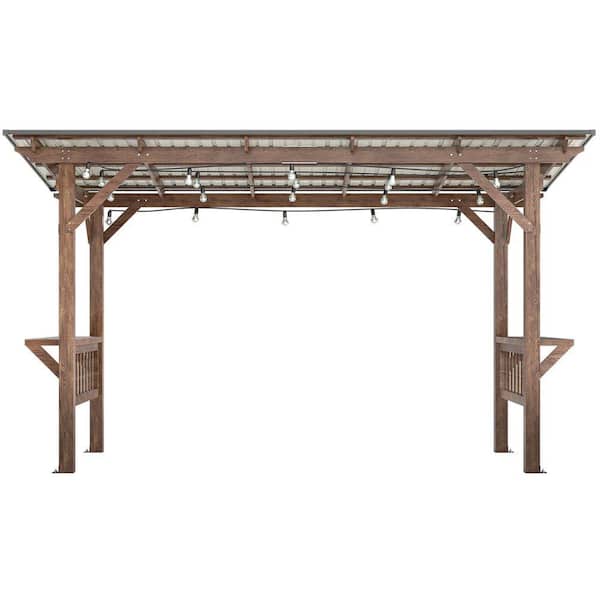 13 ft. x 6.5 ft. Brown Wooden Pergola Garden Grill Gazebo with Metal Roof & Bulbs & Bar Counters for Backyard