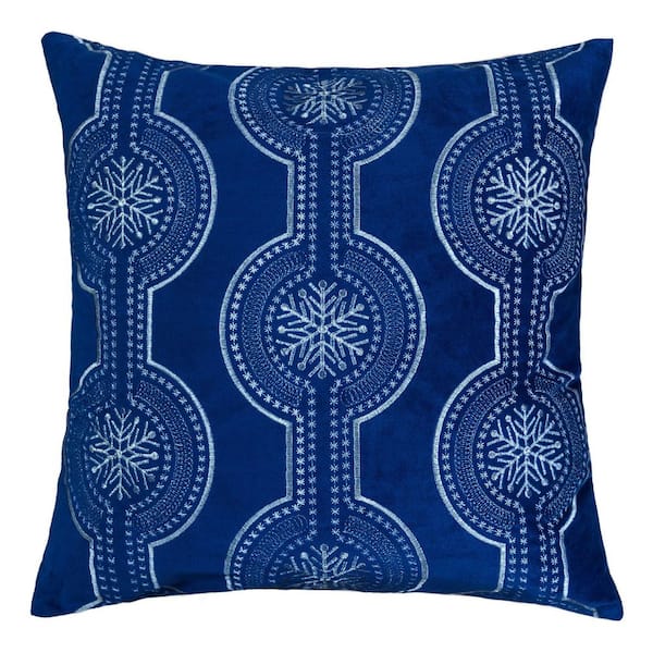20x20 in. Holiday Blue Velvet Outdoor Throw Pillow with White Snowflake Embroidery, with Insert