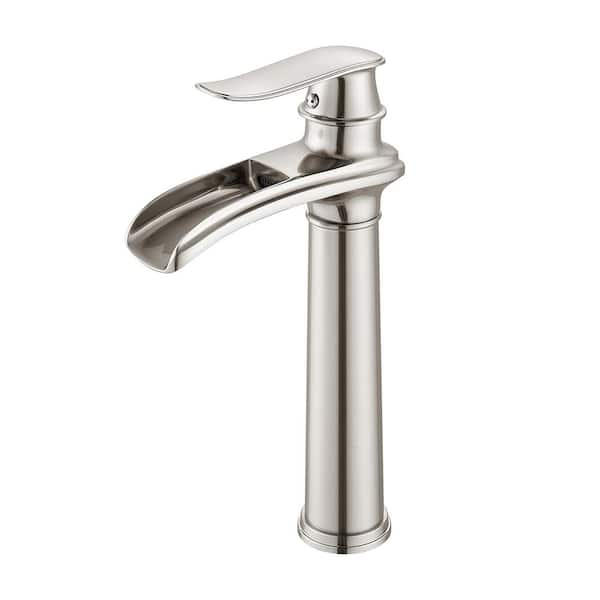 Unbranded Waterfall Single Handle Single Hole Tall Spout Bathroom Vessel Sink Faucet With Pop-up Drain Assembly in Brushed Nickel