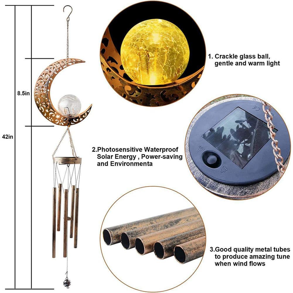 Large Brass Moon Solar Wind Chimes with LED Lights