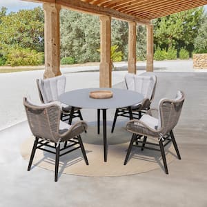 Sydney and Fanny 5-Piece Dark Eucalyptus Wood Round Outdoor Dining Set with Grey Cushions