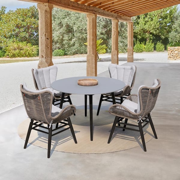 Armen Living Sydney and Fanny 5-Piece Dark Eucalyptus Wood Round Outdoor Dining Set with Grey Cushions