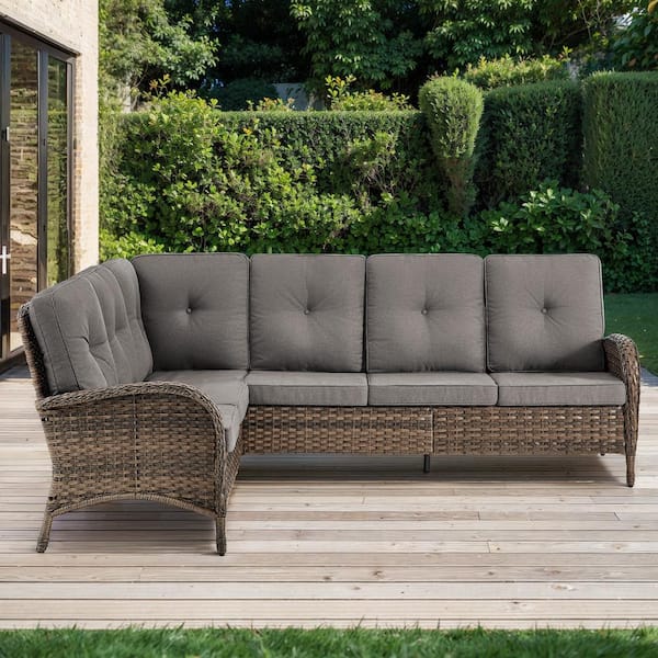 2-Piece Brown Wicker Outdoor Sectional Set with Olefin Gray Cushions and L-Shaped Sofa