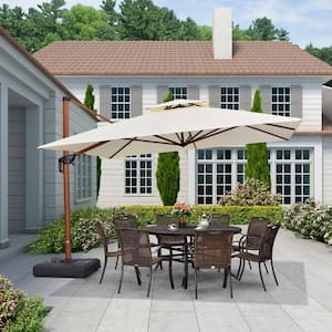 11 ft. Square High-Quality Wood Pattern Aluminum Cantilever Polyester Patio Umbrella with Stand, Cream