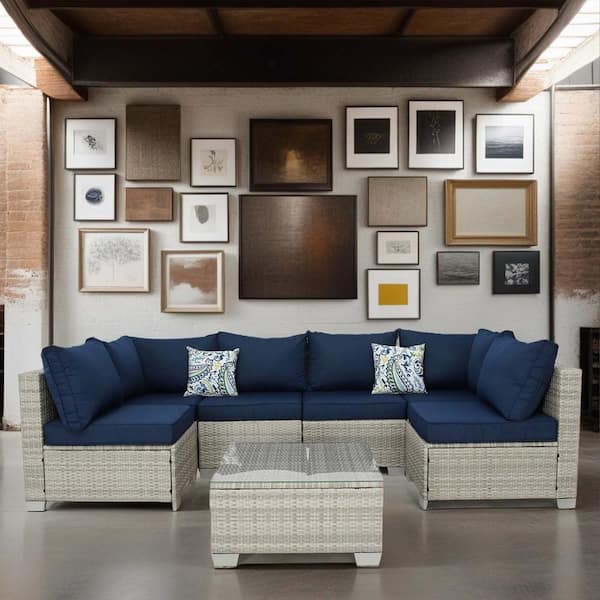 Zeus & Ruta 7-Piece Composite Outdoor Sectional Set with Dark Blue Thick Cushions